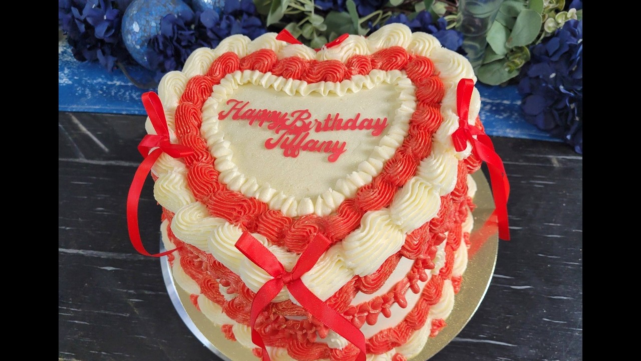 Red and White Vintage Heart Shaped Birthday Cake