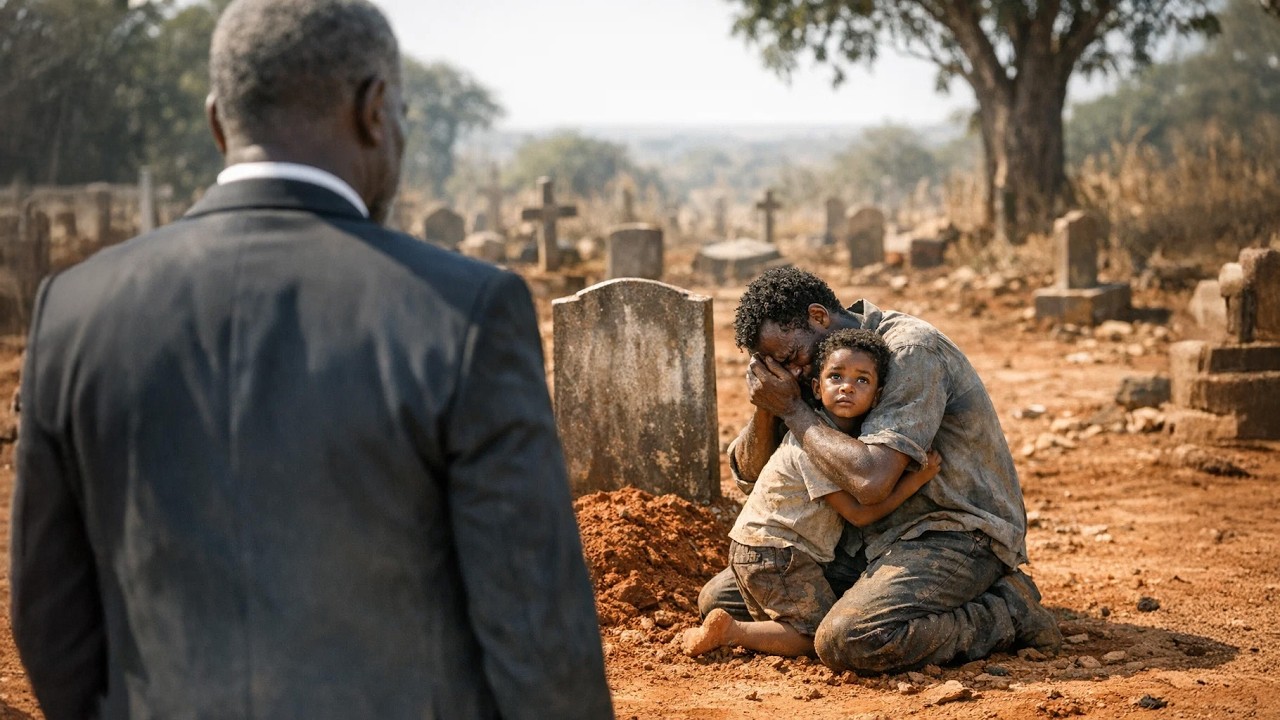 Milliardaire visite la tombe de sa fille et découvre un pauvre concierge en pleurs avec un enfant