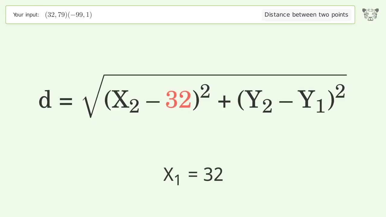 Find the distance between two points p1 (32,79) and p2 (-99,1): Step-by-Step Video Solution
