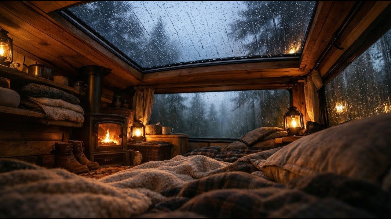Sleep in Your Cozy Van During Heavy Rain | Crackling Fire, Rain on Glass & Forest Storm 8 Hours