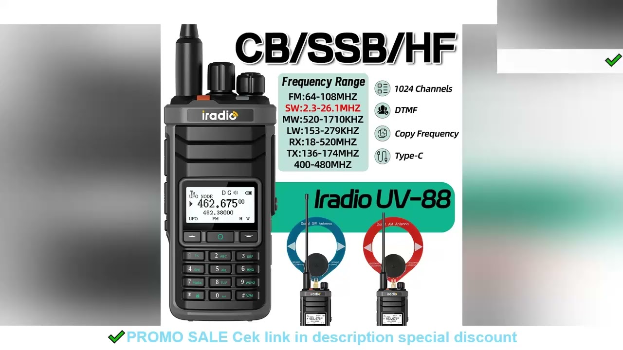 Iradio UV-88 Walkie Talkie Shortwave Radio Multi Band HF CB SSB AM Type-C DTMF LSB CW LW MW SW 1024