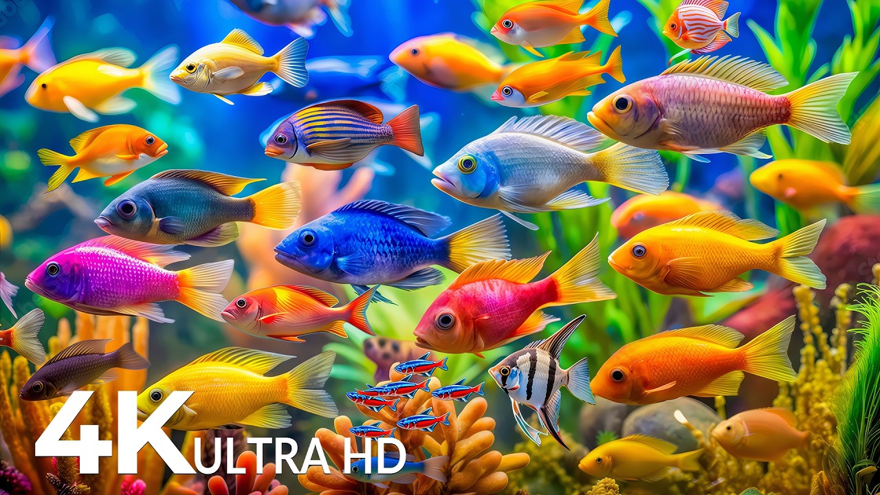 DREAM AQUARIUM 4K - Marine Life, Sea Animals and Coral Reef - Fish Tank Sounds for Deep Sleep #97