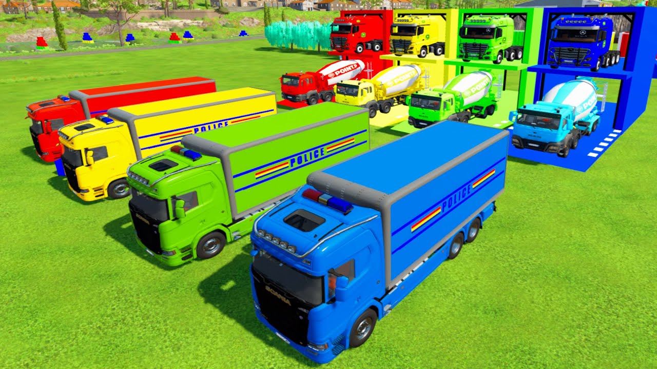 Garage With Color - ALL COLORED SCANIA POLICE TRUCK, MAN MIXER TRUCK TRANSPORTING TO COLORFUL GARAGE