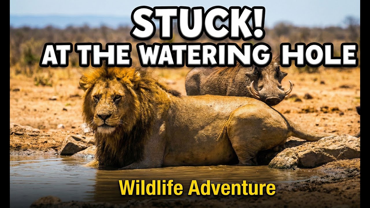 Lion stuck in watering hole and Warthog