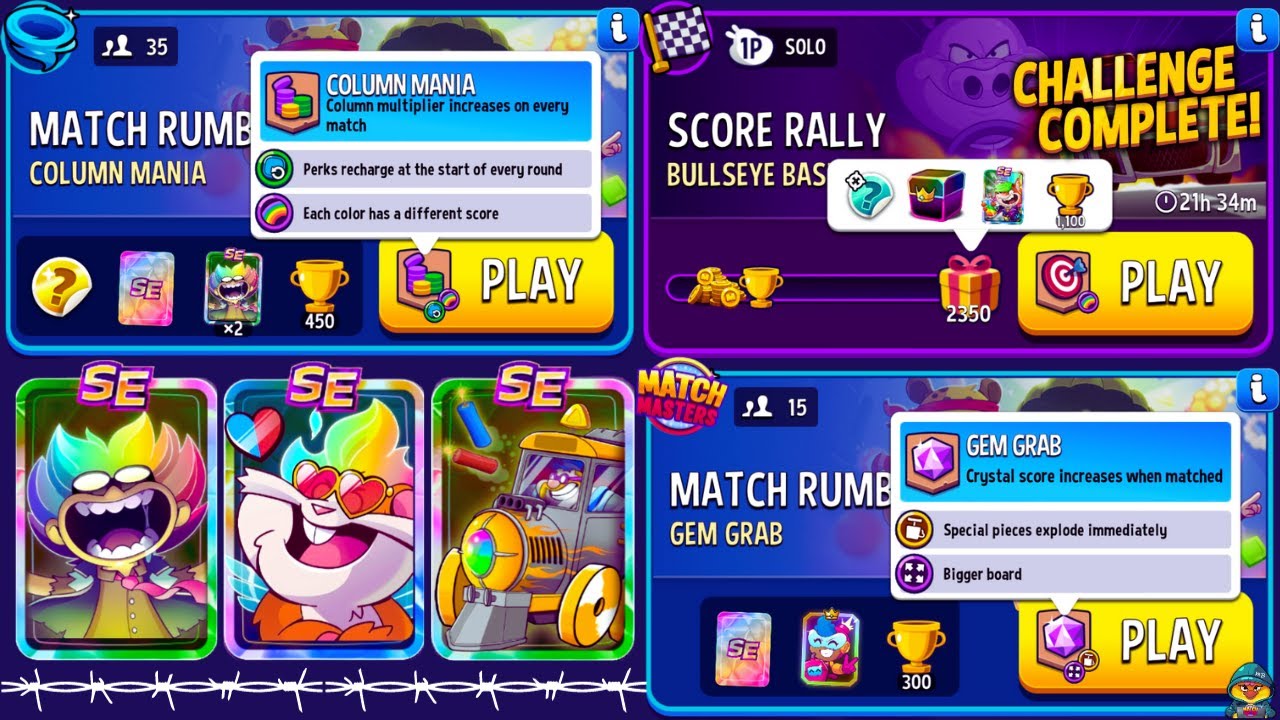 Bullseye Bash + Rainbow Score Rally/ x2 Match Rumble/ 35 players Column Mania/ 15 players Gem Grab