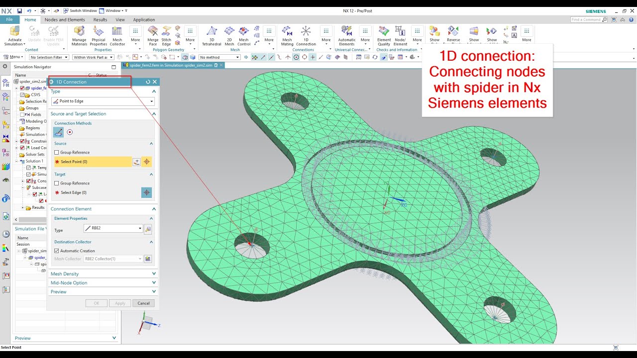 1D connection Connecting nodes with spider in Nx Siemens elements | Unigraphics pre/post application