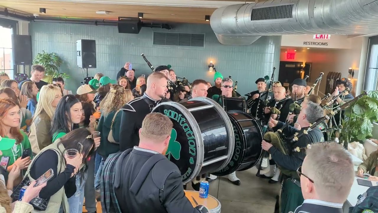 Bagpipes at the Rockaway Beach Hotel Rooftop after the 2025 Rockaway St Patrick's Day parade. P1