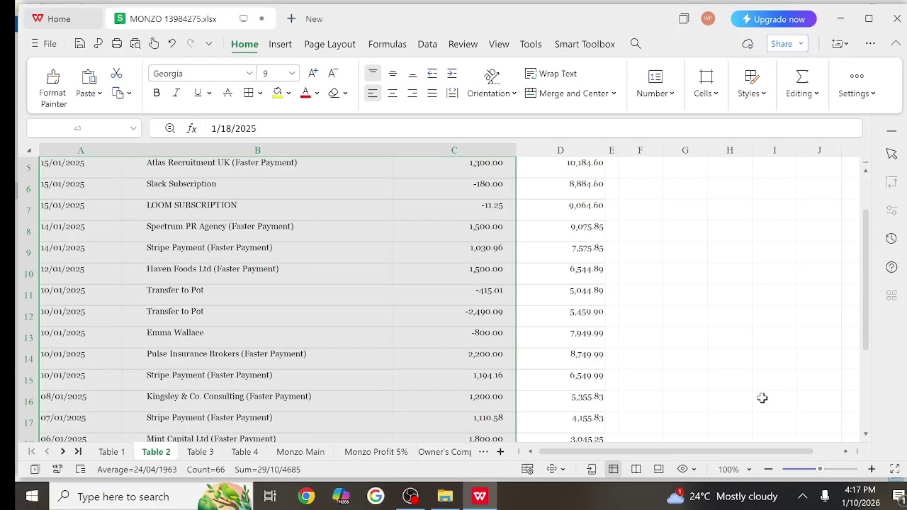 Processing Monzo  (bank statement) in Excel