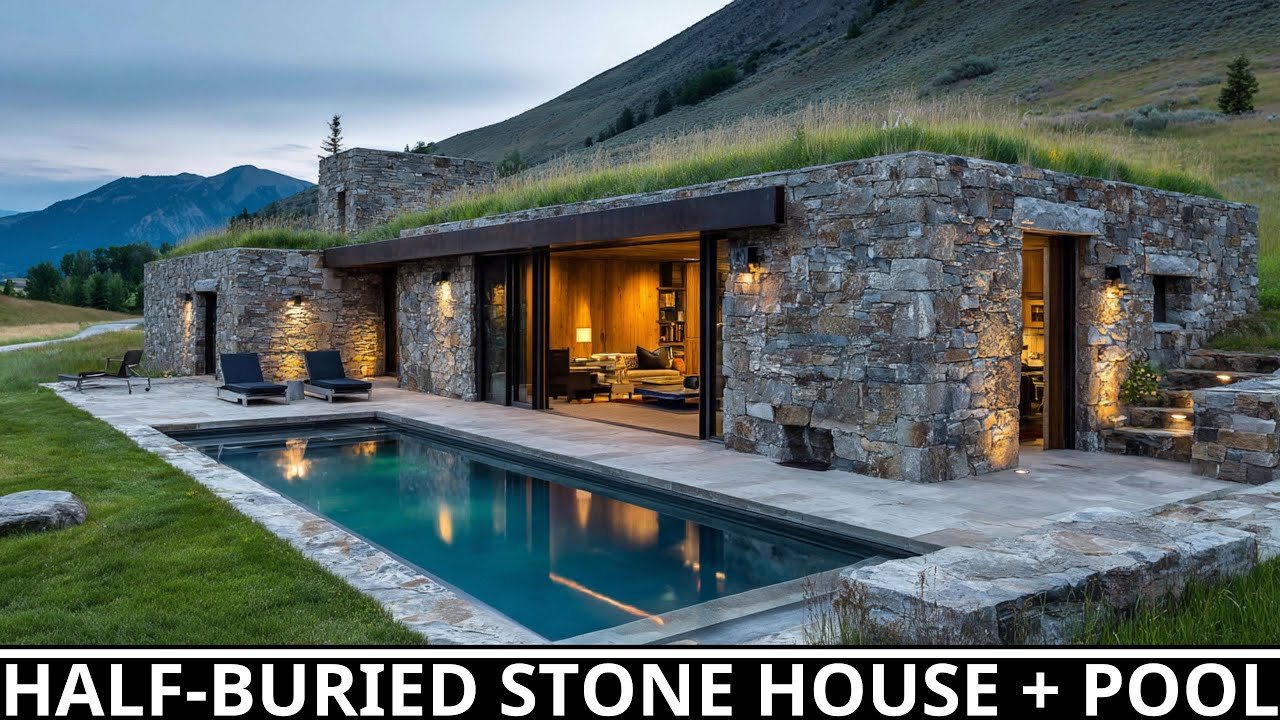 Semi-underground American Stone House with Pool Design | Step-by-Step Construction
