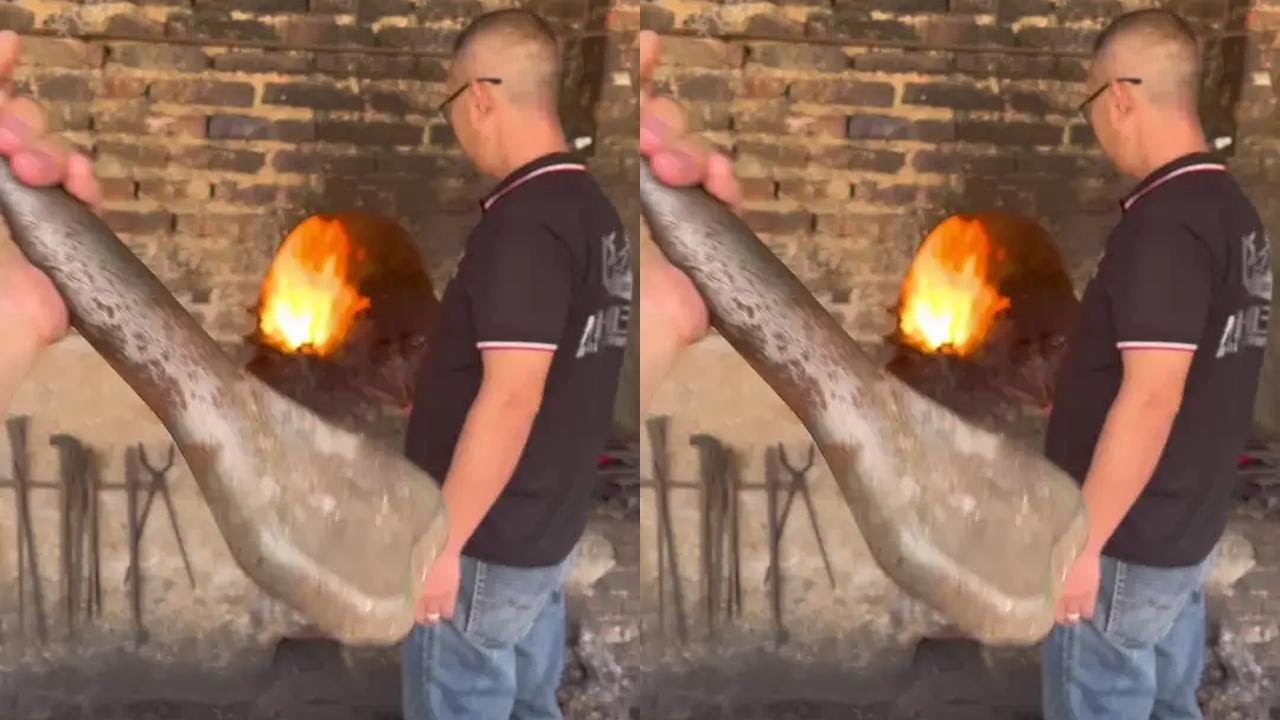 Today my dad used a big iron spoon to make knives!