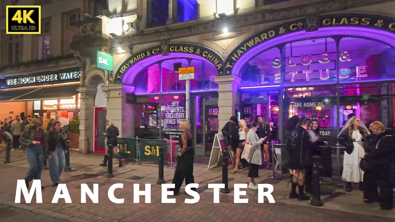 🇬🇧 Night walk in Manchester from Victoria Station to Piccadilly Gardens via Deansgate & King Street