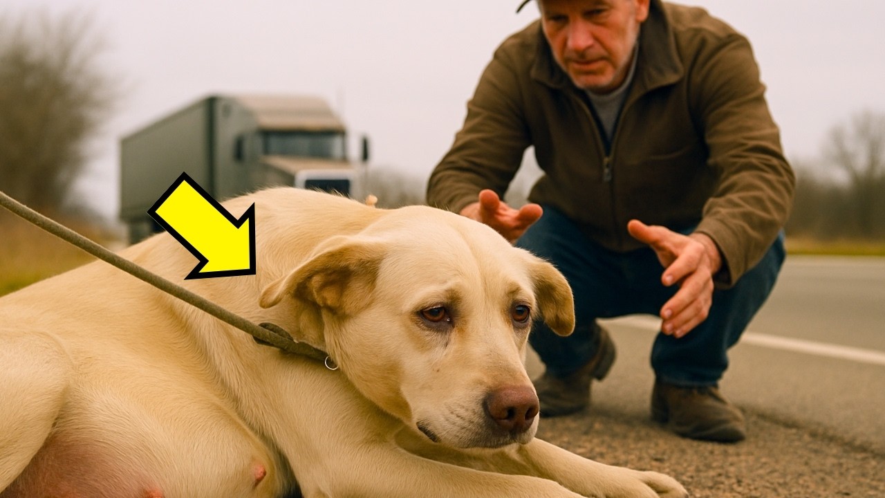 CAMIONERO RESCATA PERRA EMBARAZADA AMARRADA EN EL ACOTAMIENTO… ¡ELLA LLORABA SIN ESPERANZA!