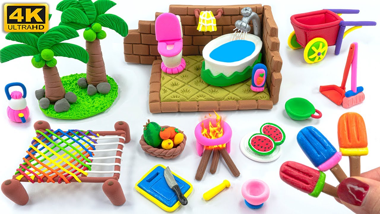 💥💥💥DIY WONDERFUL Miniature Clay House with Washroom, Kitchen Set, Charpai | Fruits Ice Cream #80