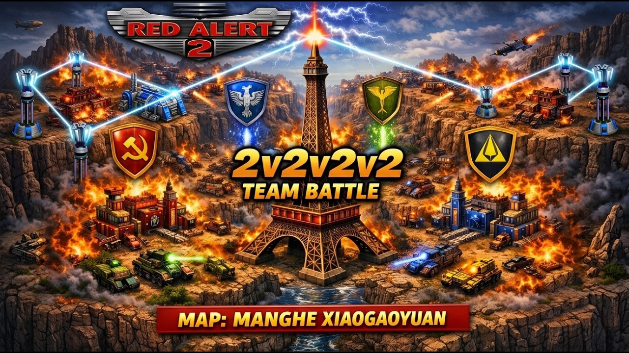 2v2v2v2 Team Battle on Manghe Xiaogaoyuan | Lucky Crates + Paris Tower | Red Alert 2 Online
