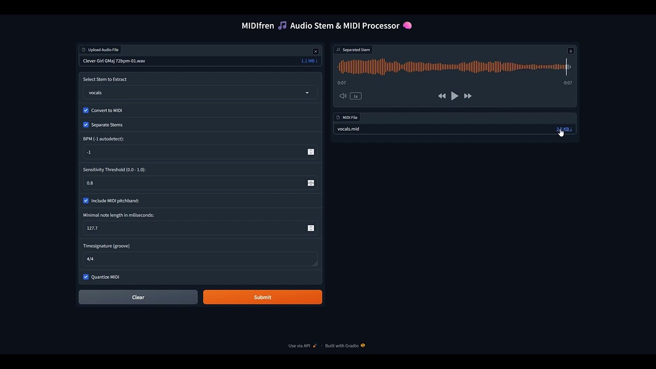 MIDIFren demo - audio to midi, stem extraction and more
