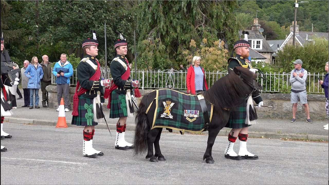Balaklava Company Royal Guard with Regimental mascot Pony arrive back at  Ballater barracks in 2024