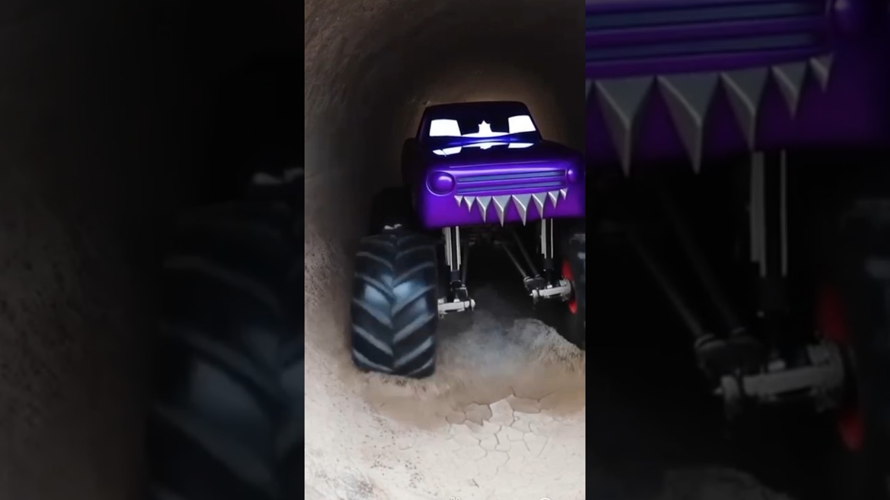 O caminhão monstro está atrás do carro azul.