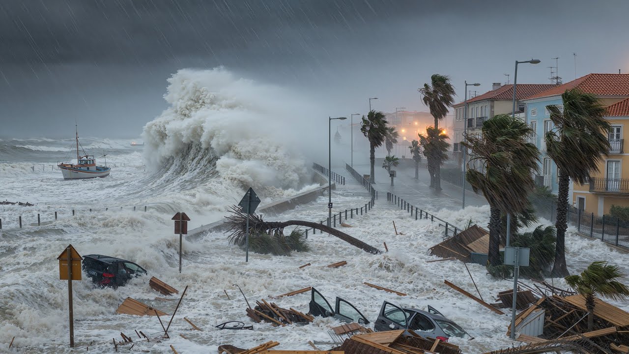 🌪️⛈️ Шторм Кристин сильно ударил по Лейрии, Португалия — автомобили разбиты, дома разрушены, горо...
