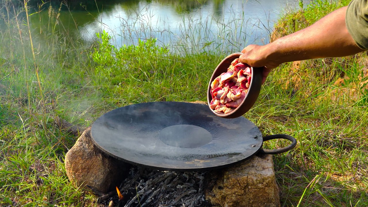 Lakeside Camping & Cooking Chicken Gizzard | Peaceful ASMR Campfire Recipe