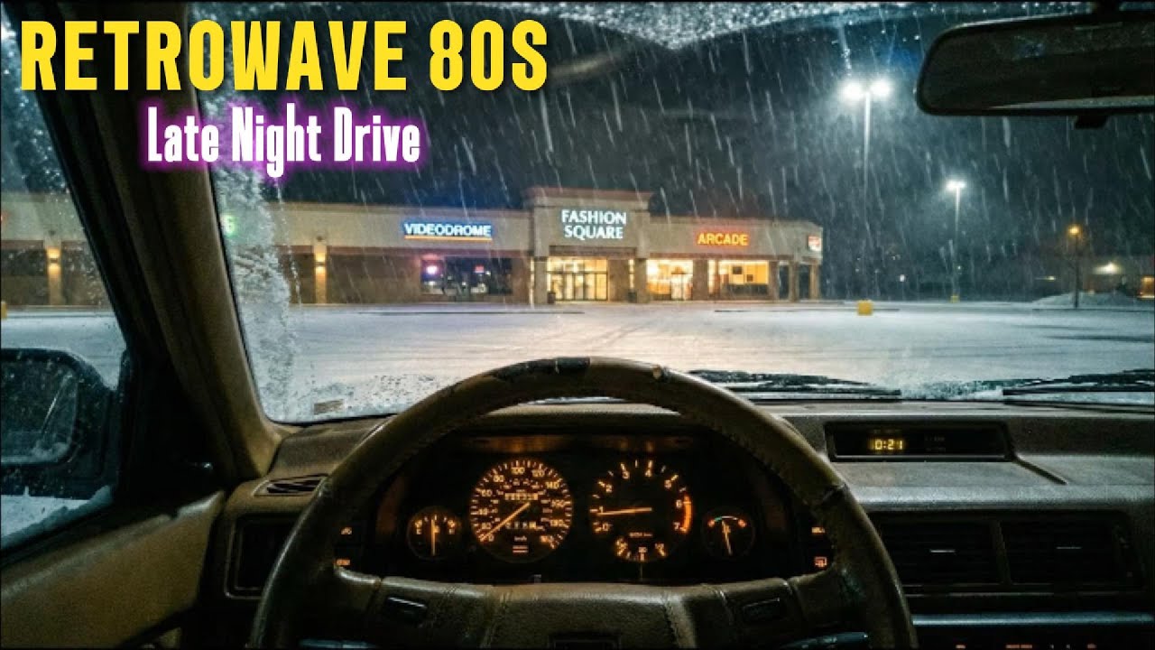 Synthwave Night Drive • Snowy Strip Mall Parking Lot • 80s Retro Music
