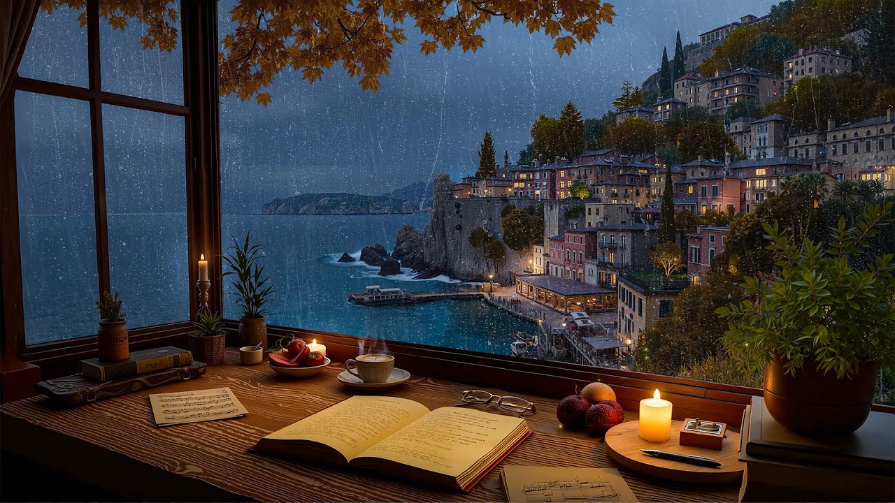 Rainy Italian Coastal Village Ambience 🌧️Warm Jazz Music & Distant Thunder for Studying & Relaxation