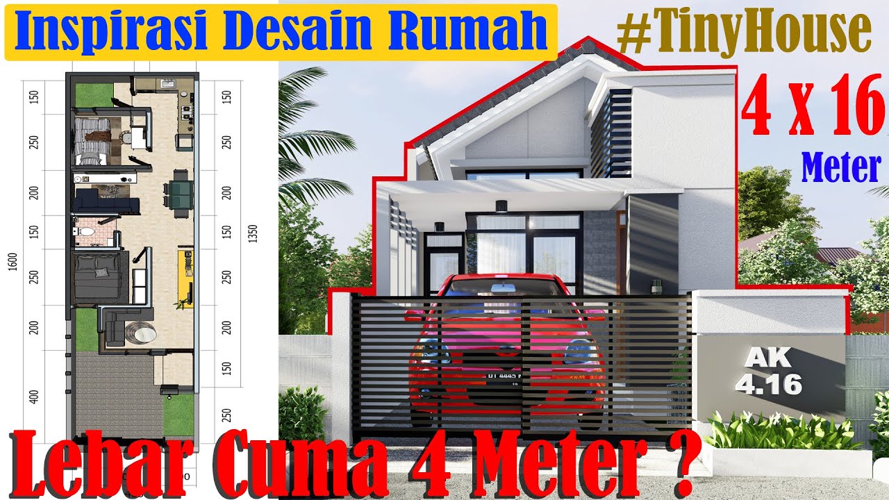 Lebar Cuma 4 Meter, Desain Rumah Mungil 4x16 Meter Minimalis Modern, 2 Kamar Tidur  