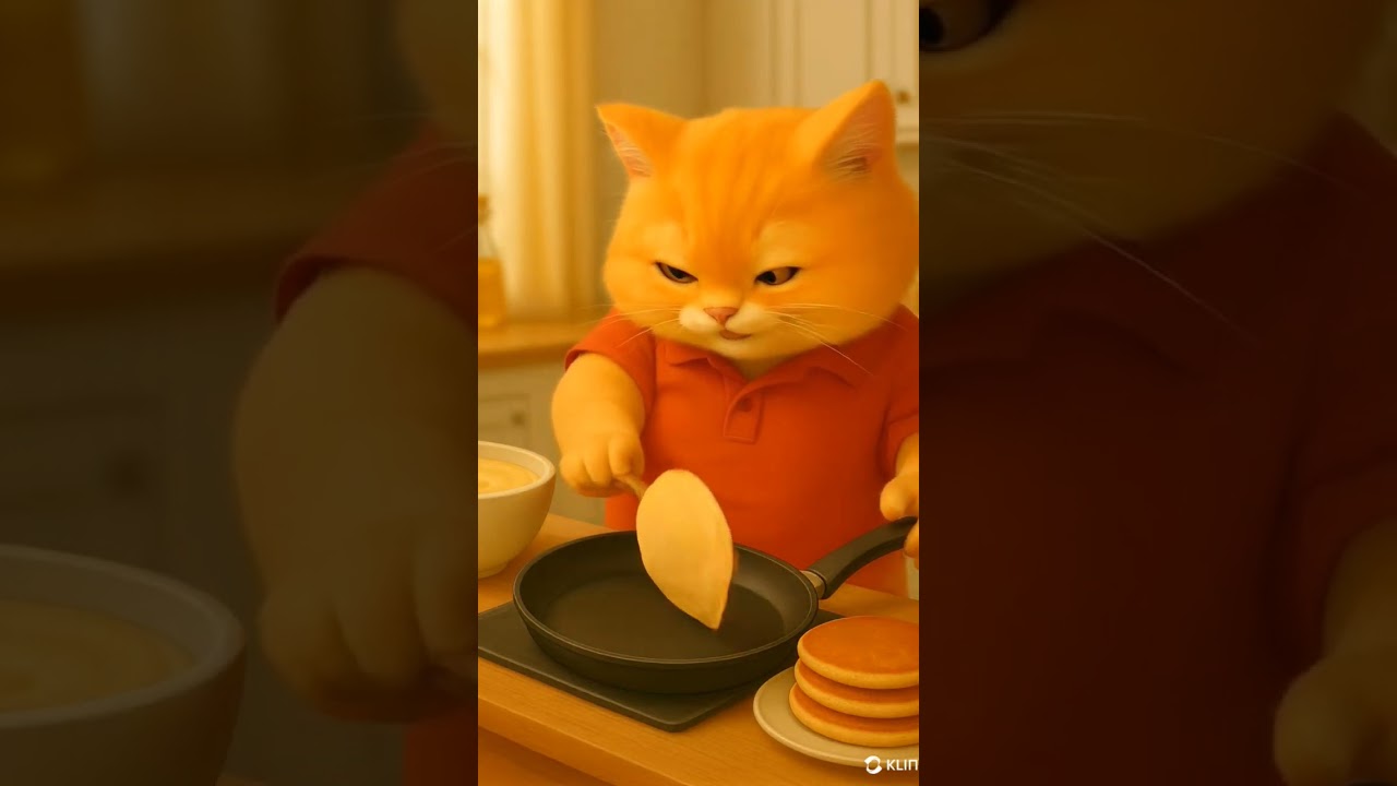 Fluffy Cat Makes Pancakes Like a Pro #Shorts #CuteCat #CookingCat #PancakeTime #Funny #CatShorts