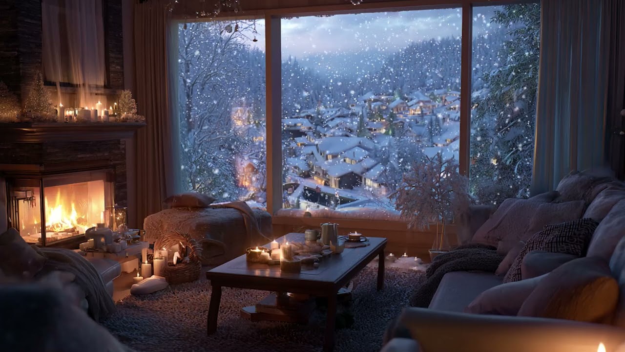 Calm Snowstorm Cabin Piano Ambience | Crackling Fire and Peaceful Night