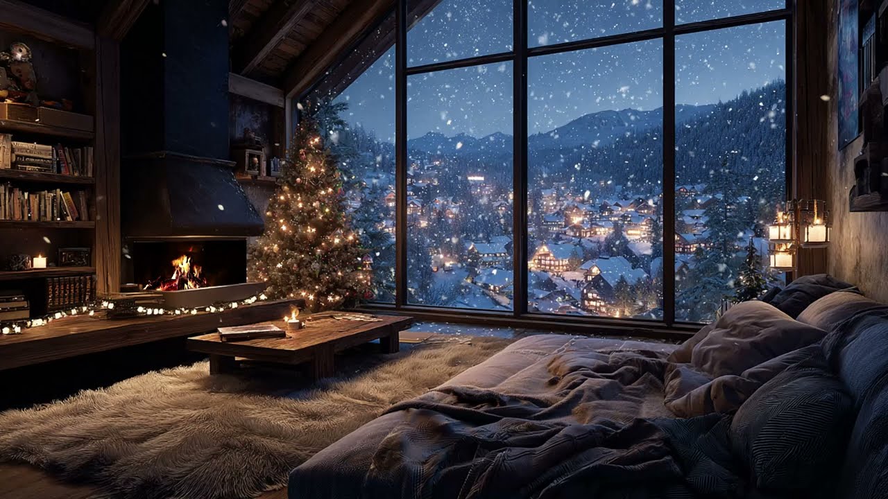 Snowy Balcony Evening With Gentle Piano And Fireplace Warmth For Relaxing Sleep