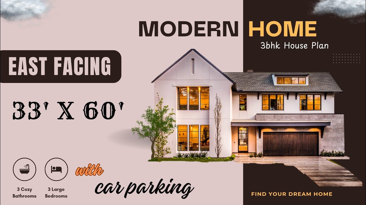 East Facing 3bhk House Plan 33x60 | 33x60 house plans East facing with Car Parking | 3 Bedroom Plan