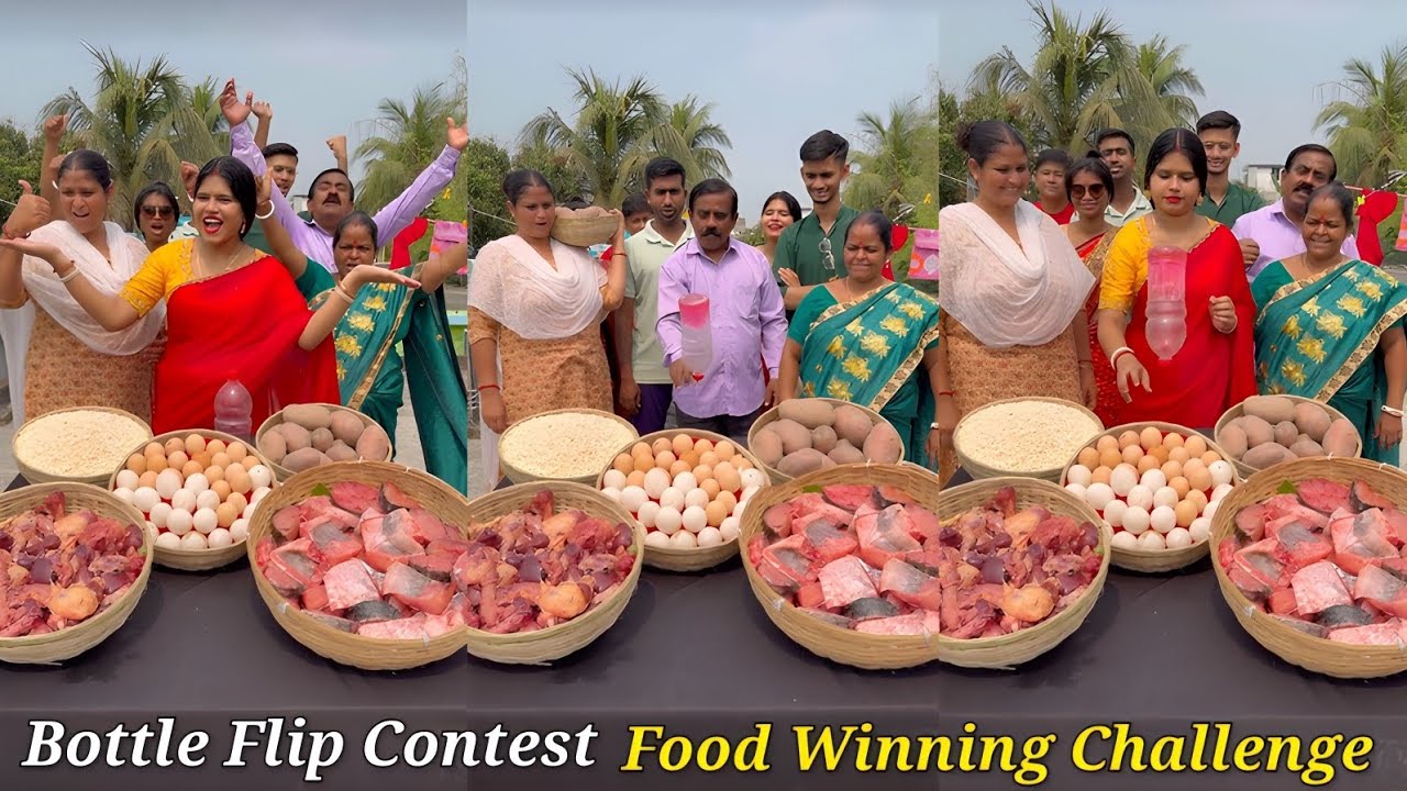 Bottle Flip Contest 🔥| Meat, Fish, Eggs & Puffed Rice Win Challenge 😛/ SK Challenge Video 