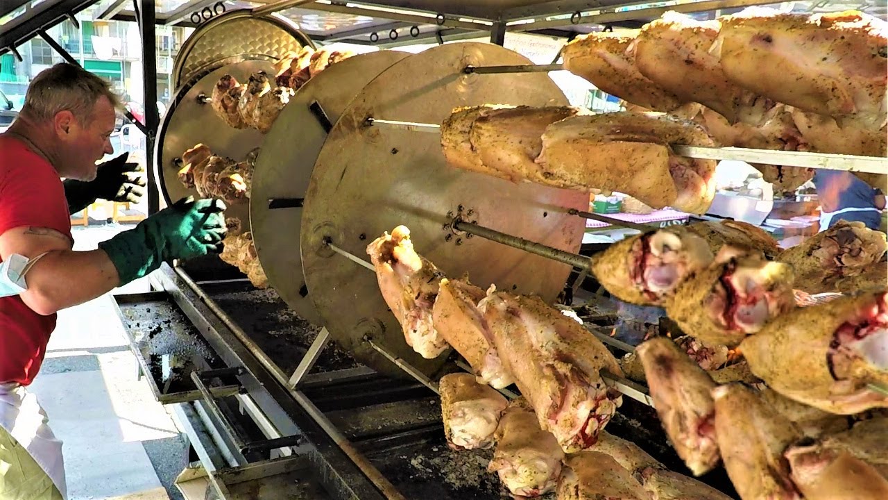 Italy Street Food. Grilled Meat, Pig Legs, Roasted Pork, Fried Fish, Churros, Poffertjes and more