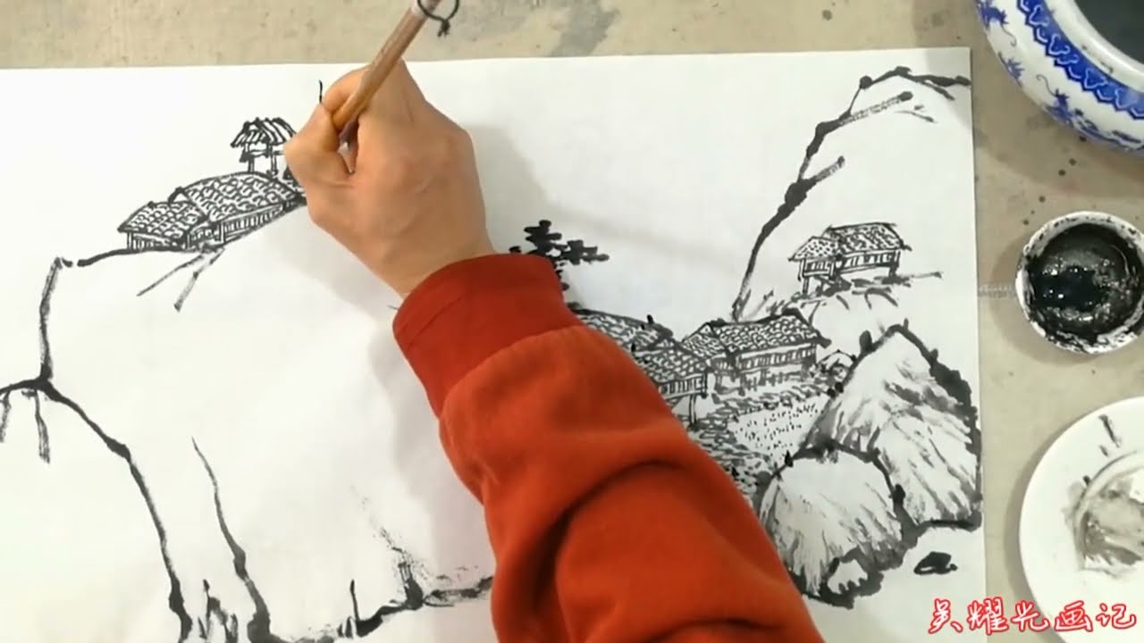 绘画创作大苗山风景，构图来源于生活与自己的构思，先勾大致轮廓