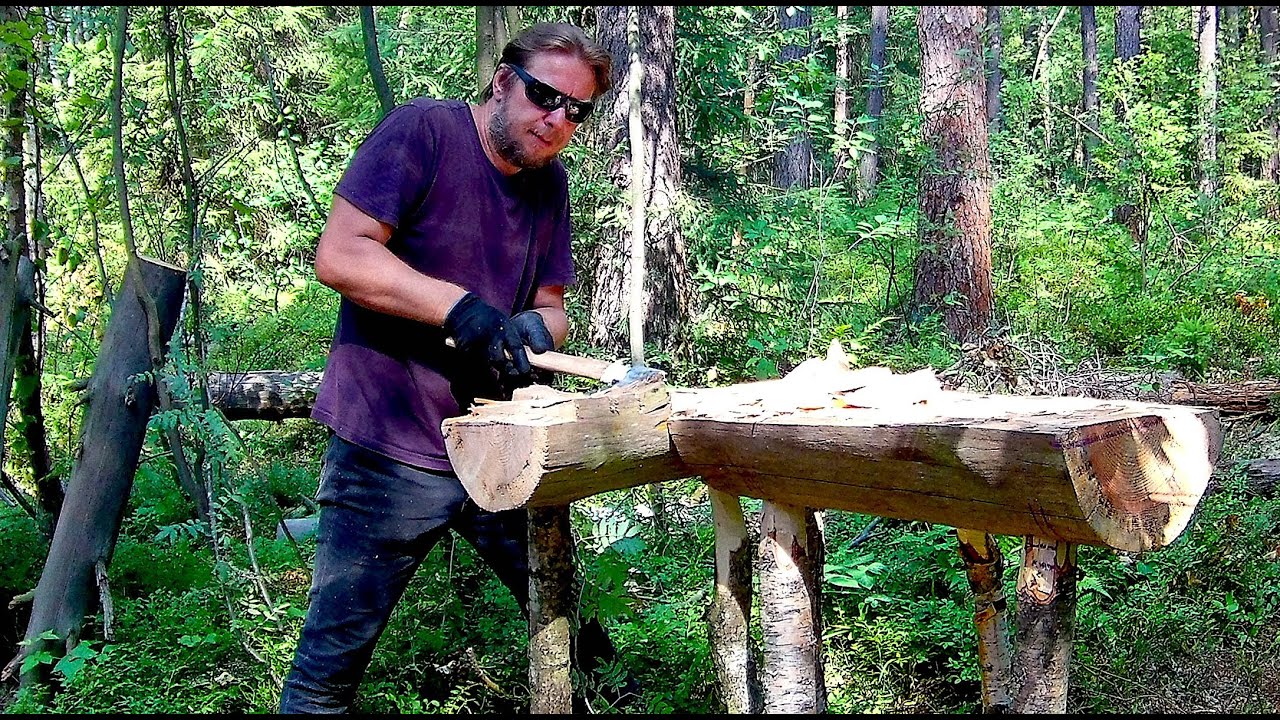 Outdoor workbench in woodland. Timelapse. No talk