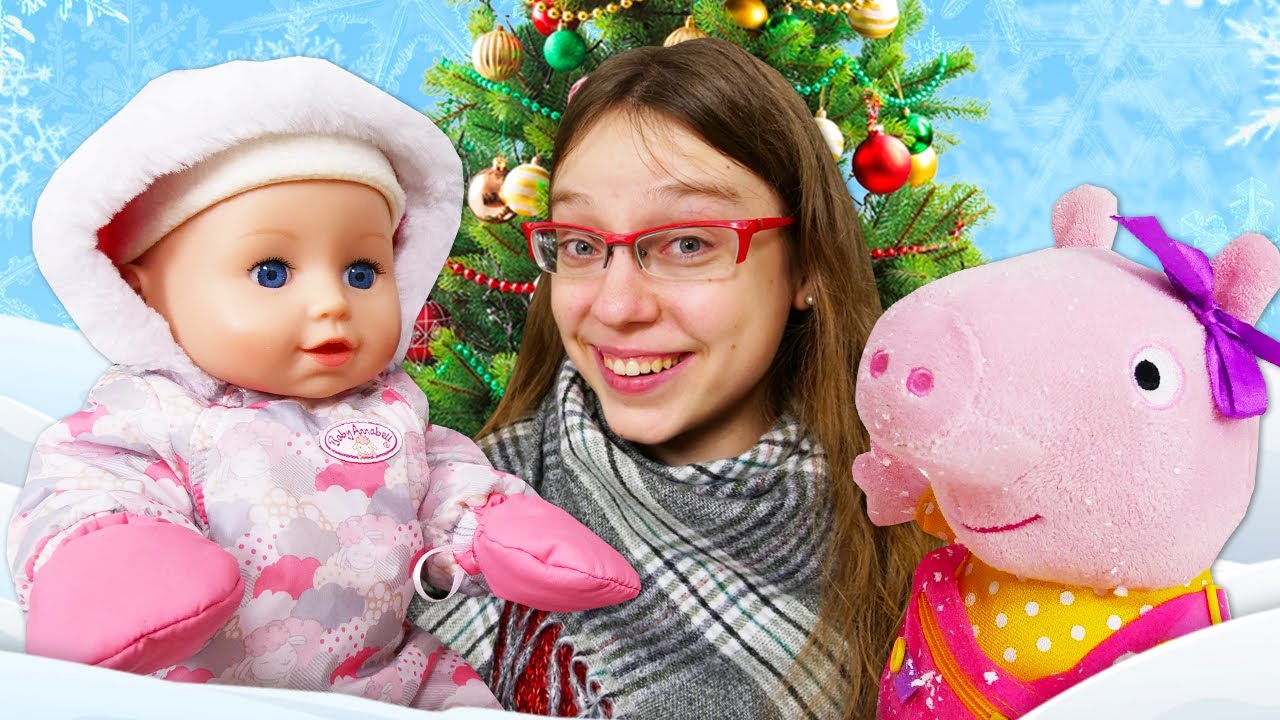 Baby Annabell -nukke ja Pipsa Possu -lelu. Lunta huoneessa. Lasten video