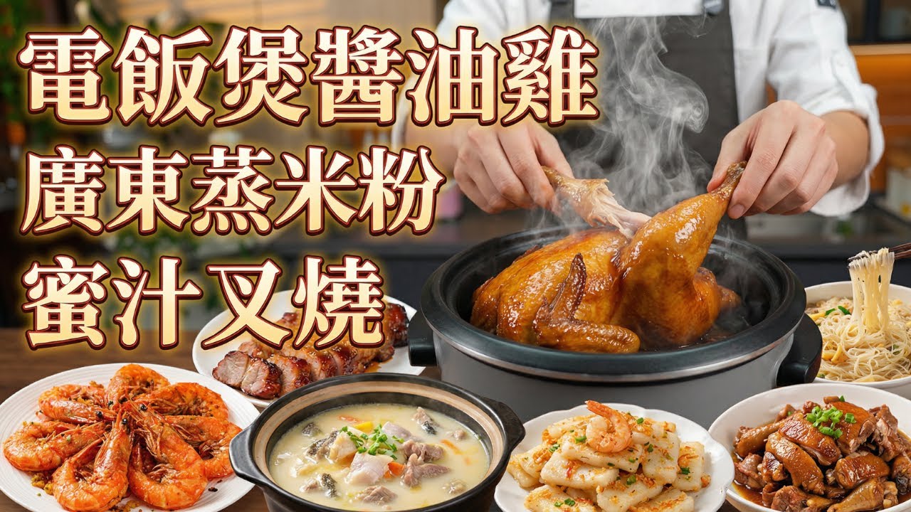 電飯煲做雞原來這麼香！挑戰7道「撐場面」的家常硬菜，做法簡單到不可思議！醬油撈雞、蒸米粉、胡椒鴨、魚羊鮮、蜜汁叉燒、椒鹽大蝦、羅氏蝦燒年糕