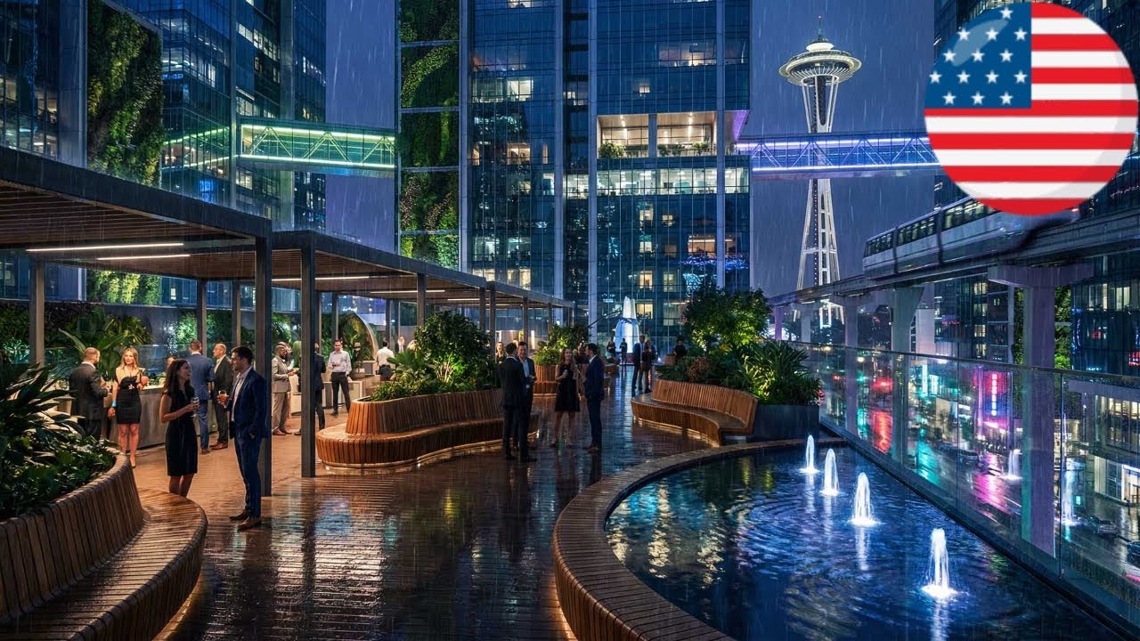 Luxury Lounge Ambience Live 🌧️ Rainy Downtown Seattle View | Relaxing Lounge Music for Work, Chill