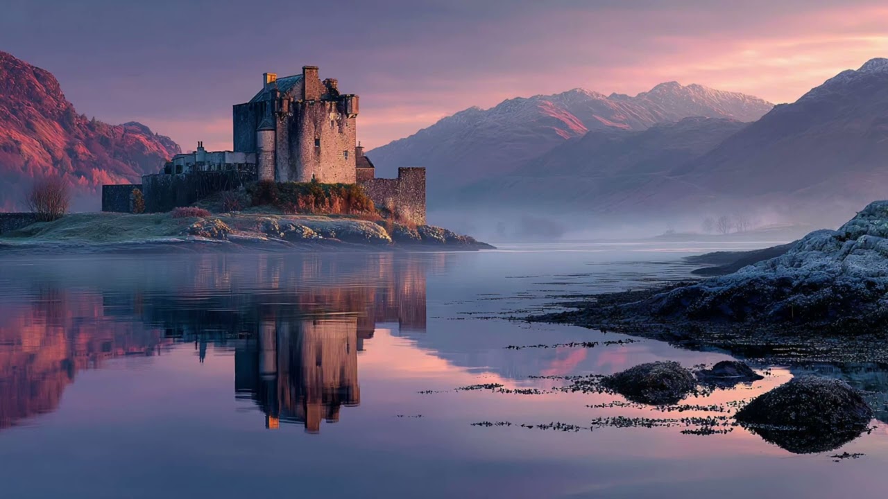 Dreamy Pastel Sunrise: Scottish Mist Castle | 4K Romantic Ambience Art | Tranquil TV Scenery