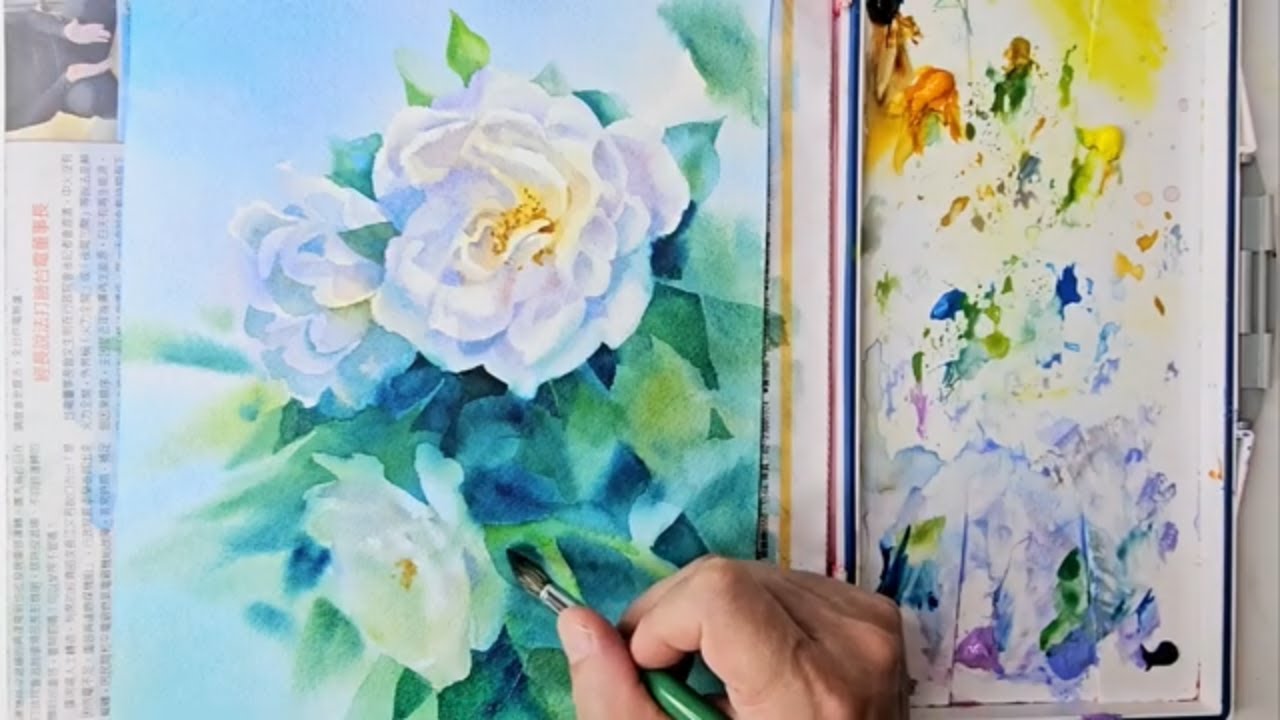How to paint beautiful white roses with watercolor 水彩畫美麗白玫瑰