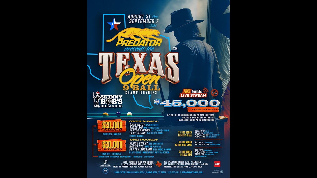 53RD TEXAS OPEN 9 BALL CHAMPIONSHIP 2026,  TABLE 1, DAY ONE