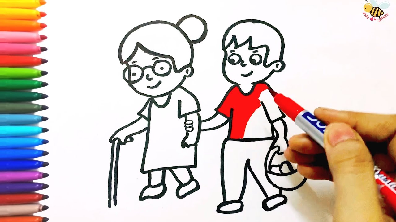 How to Draw A Boy Helping Grandma easy Step by Step | Helping hands for old people | Awareness