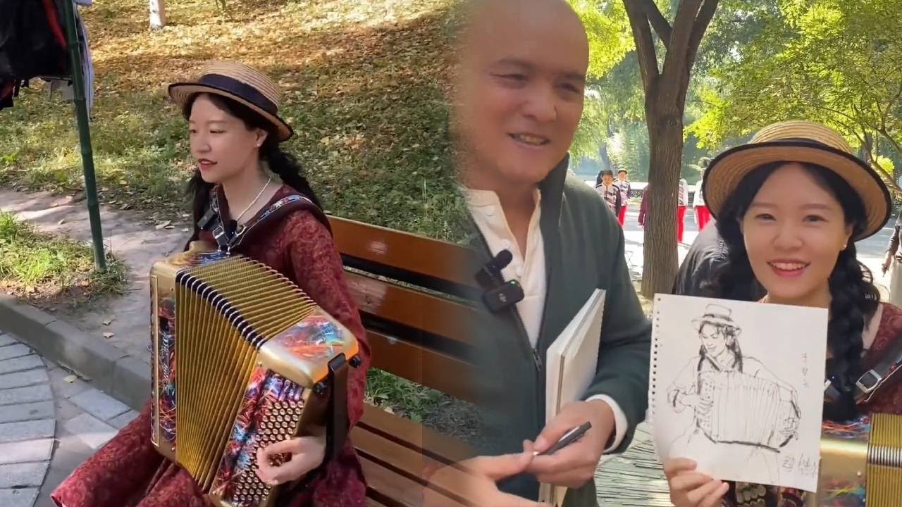 手风琴女孩今天盘到了一位画家，还收获了一幅画，有才艺就是不错！【李楚然手风琴】
