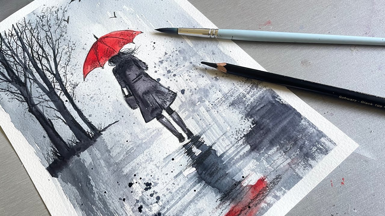 Red Umbrella / Pencil / Watercolour Painting