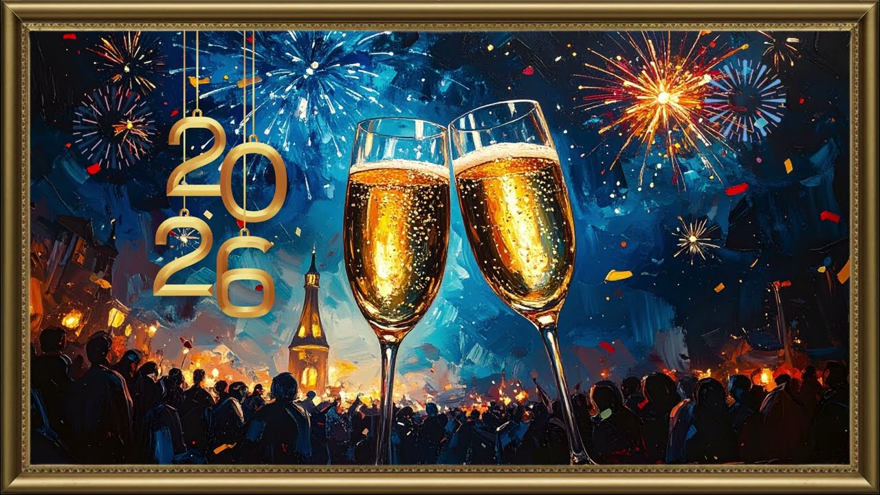 New Year 2026 Champagne Fireworks Oil Painting | Gold Frame TV Screensaver Art | 2 Hrs