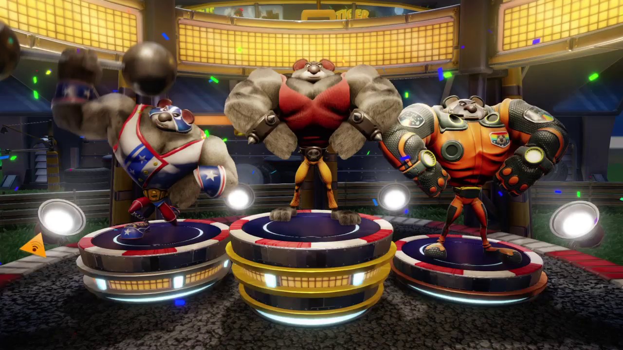 Koala Kong, Circus Kong and Space Kong Winning Podium. (Crash Nitro Fueled)