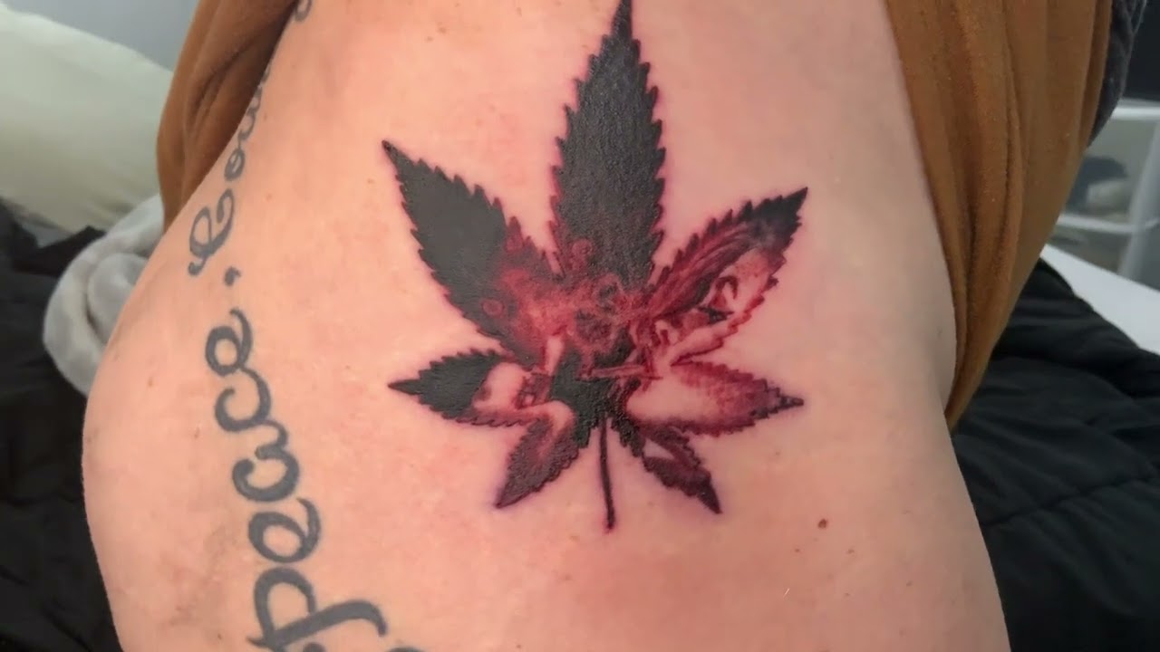 Weed leaf and girl getting a blunt lit tattoo