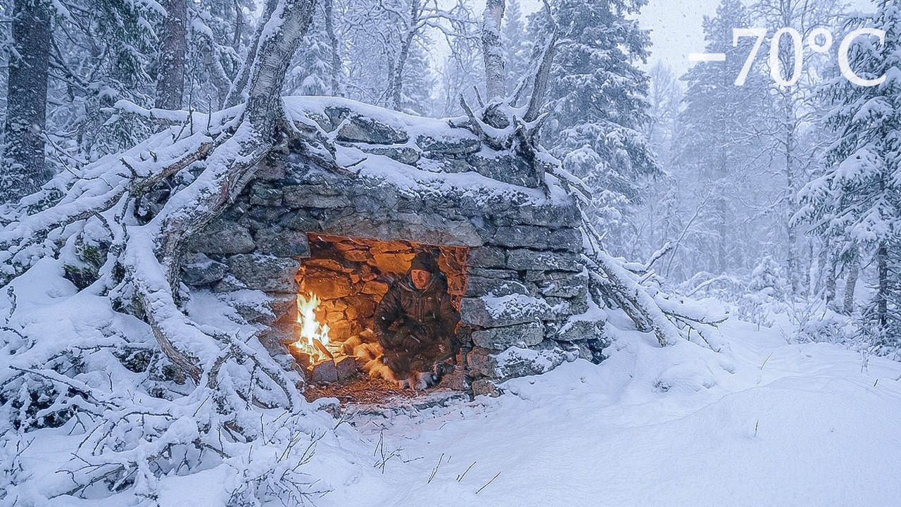 Surviving the SNOWSTORM by building a Winter Shelter | Extreme Off Grid Winter Life