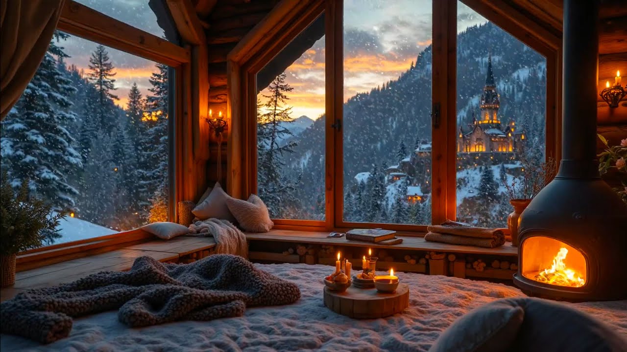 Tranquil Winter Cozy Cabin Ambience ⛄🔥Relaxing Piano, Crackling Fireplace & Falling Snow for Work