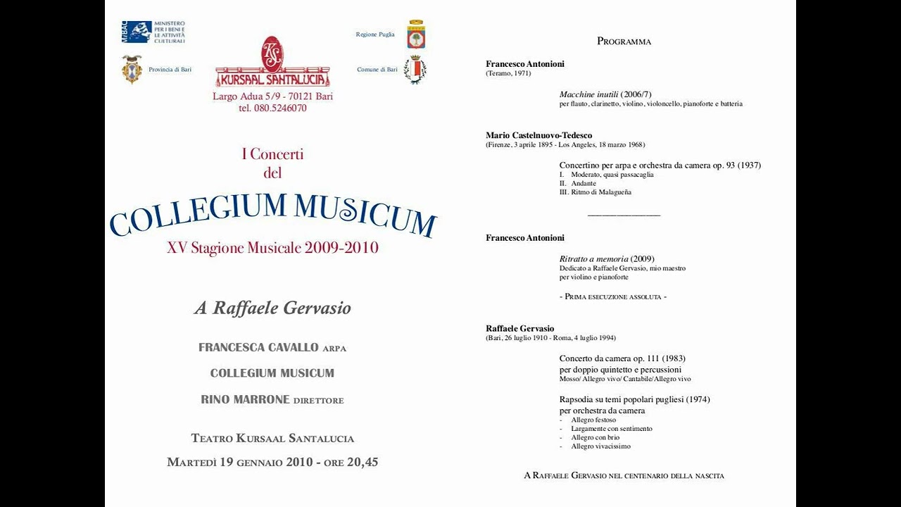 Raffaele Gervasio: Concerto da camera op. 111, per doppio quintetto e percussioni