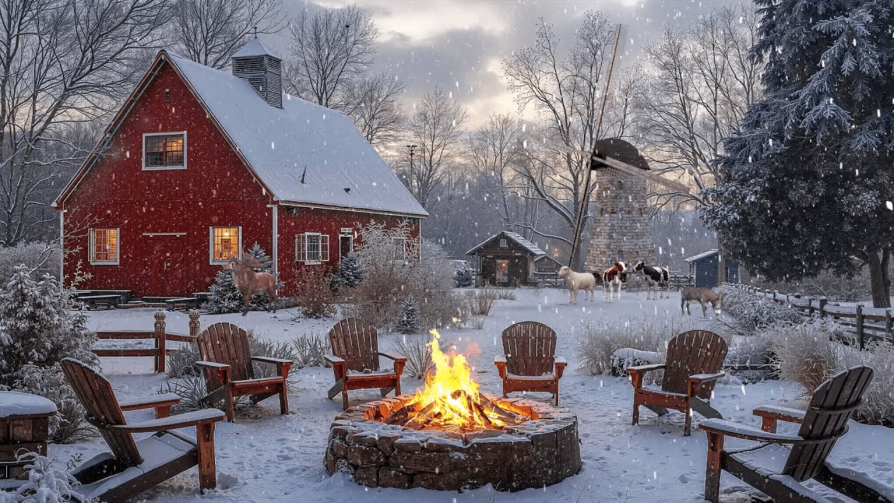 Winter Farmhouse | Relaxing Campfire Ambience | Farm Animals, Wind, Snow & Blizzard Sounds
